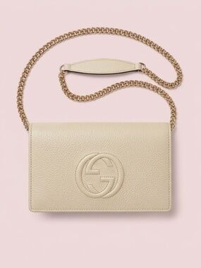 NWT Gucci Ivory Soho Wallet on Chain Pebbled Calfskin Leather